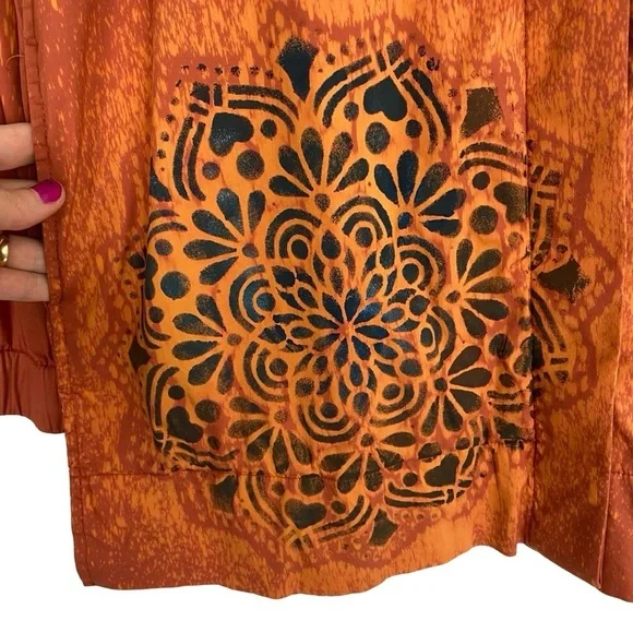 Vintage Upcycled Jacket Womens Size Large Handmade Stencil Floral Orange Brown - Picture 5 of 16